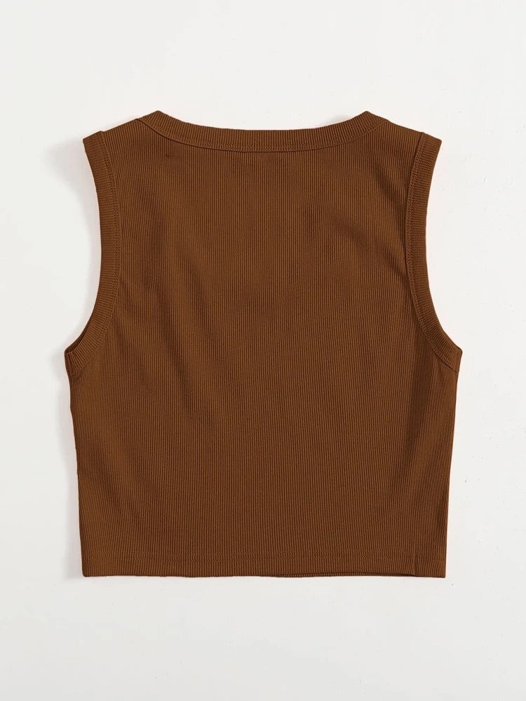 Teen Solid Coffee Brown Scoop Neck Rib Fitted Tank Top
