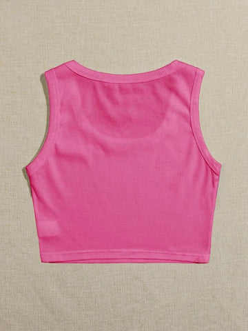 Teen Solid Pink Scoop Neck Rib Fitted Tank Top
