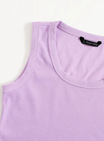 Teen Solid Lilac Scoop Neck Rib Fitted Tank Top