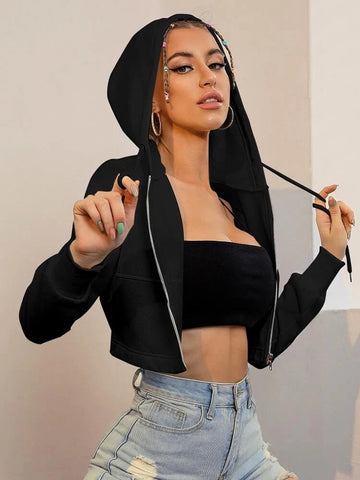 Teen Solid Black Zipper Crop Hoodie