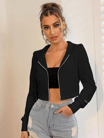 Teen Solid Black Zipper Crop Hoodie