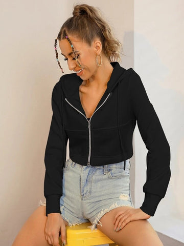 Teen Solid Black Zipper Crop Hoodie