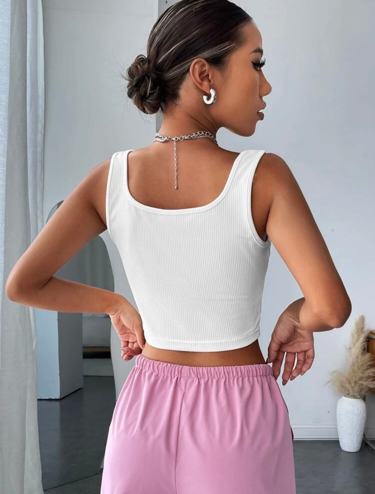 Teen Solid White Square Neck Rib Fitted Tank Tops