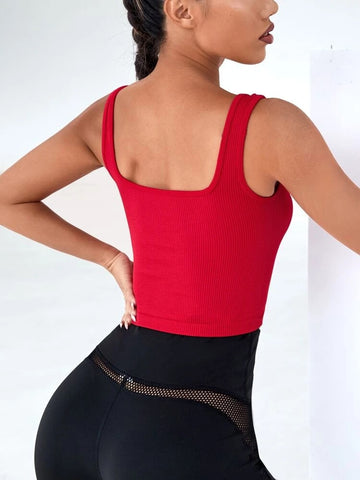Teen Solid Red Square Neck Rib Fitted Tank Tops