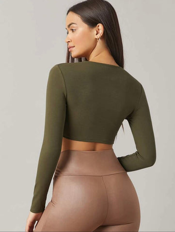 Teen Solid Army Green Slim Fitted Crop Top