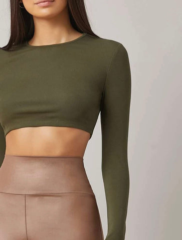Teen Solid Army Green Slim Fitted Crop Top