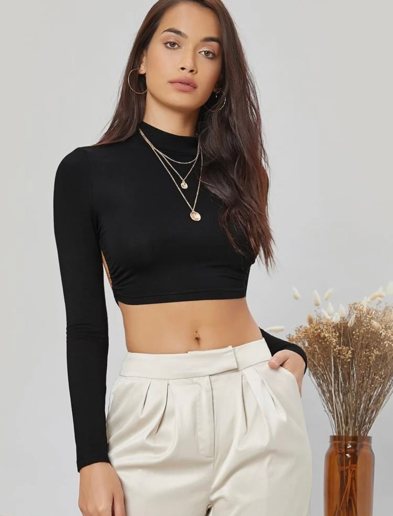 Teen Solid Black Slim Fitted Backless Crop Top