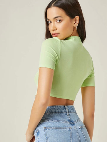 Teen Solid Pastel Green Rib Fitted Crop Top