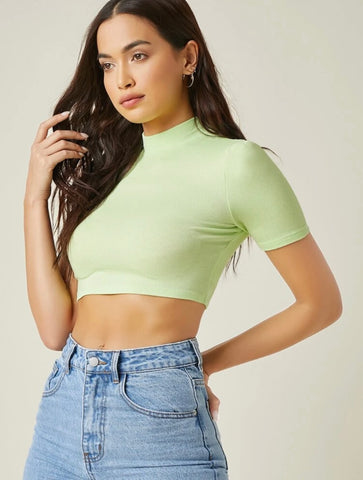 Teen Solid Pastel Green Rib Fitted Crop Top