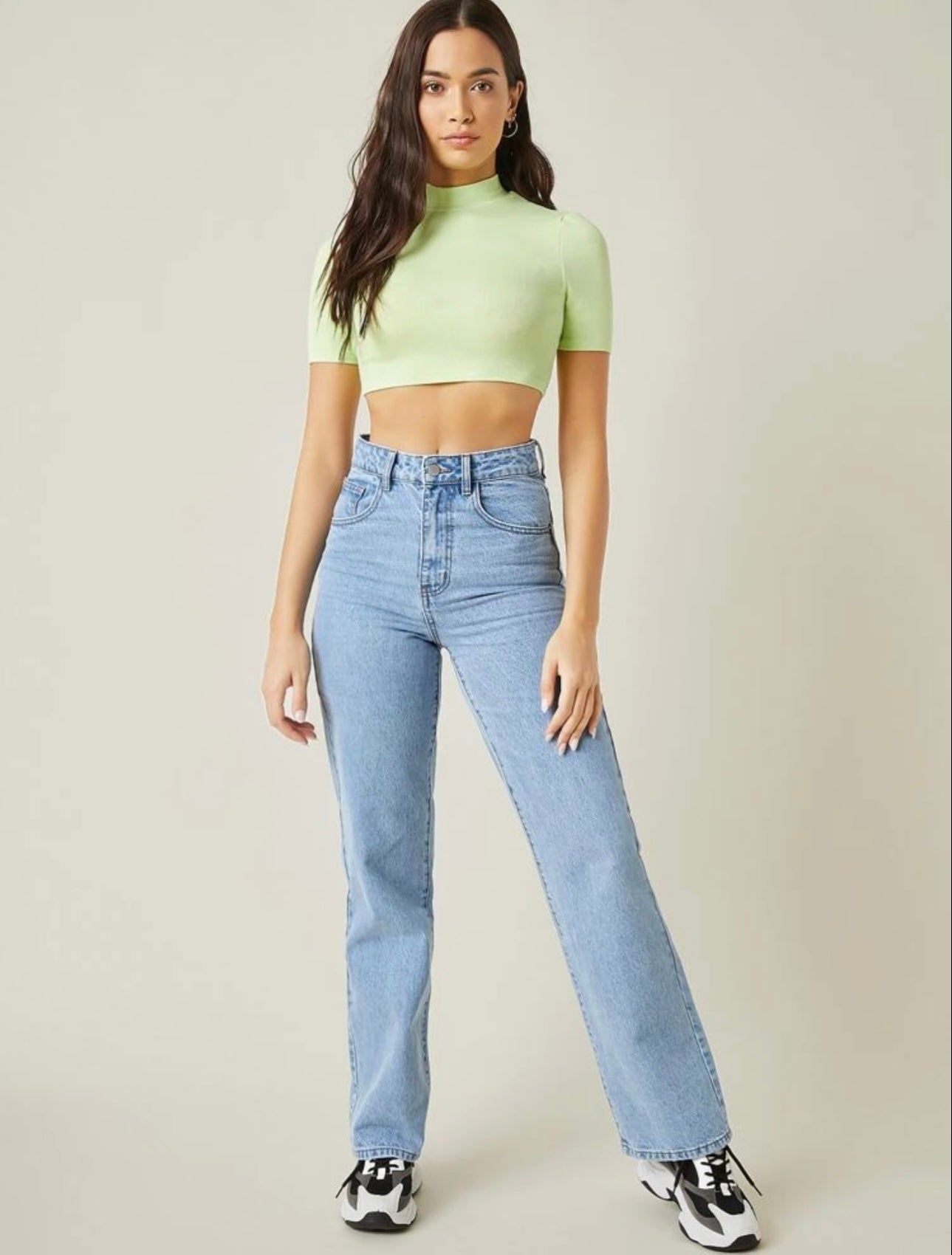 Teen Solid Pastel Green Rib Fitted Crop Top