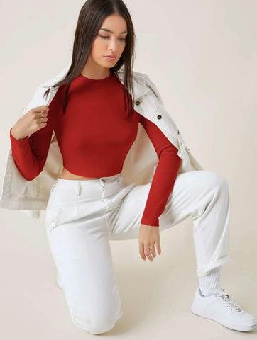 Teen Solid Red Slim Fitted Crop Top