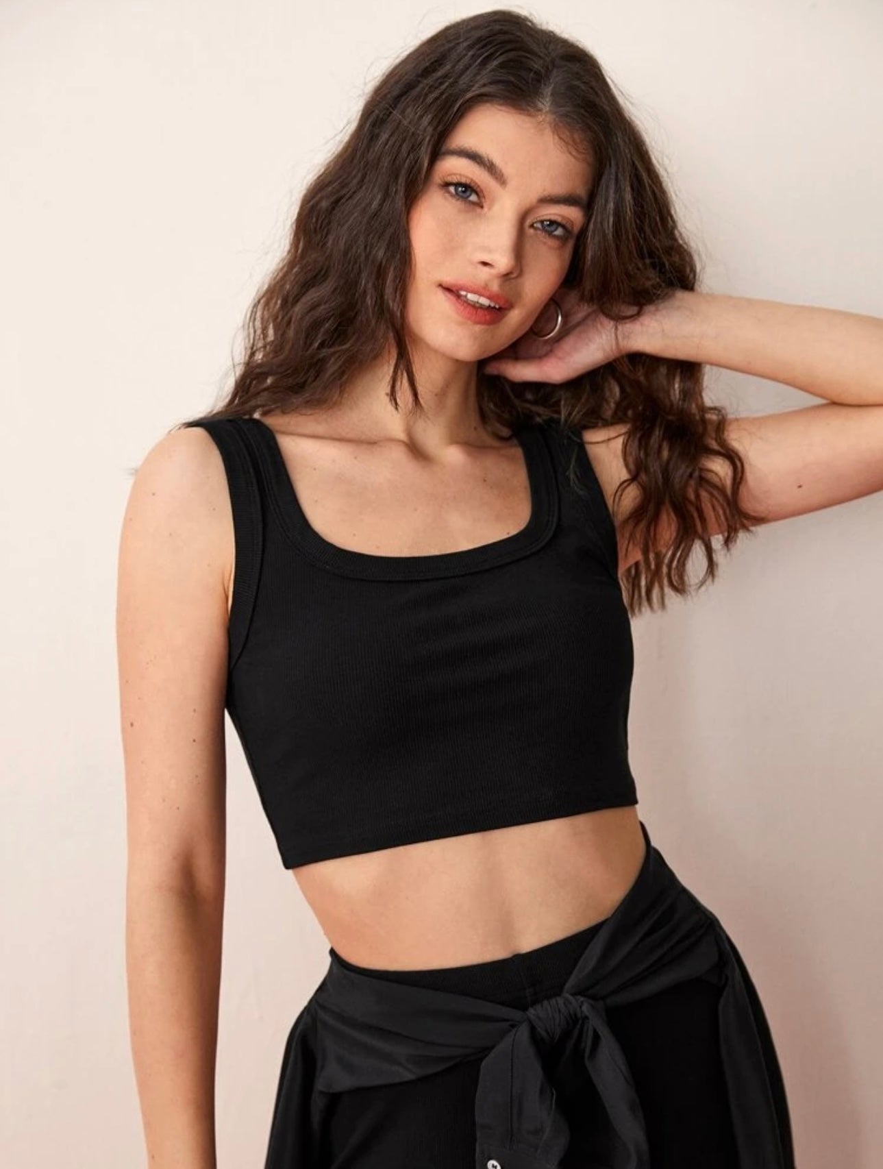 Teen Solid Black Square Neck Rib Fitted Tank Tops