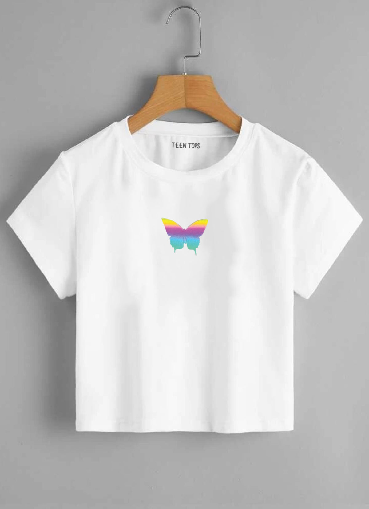 Teen White Cotton Rainbow Reflecting Butterfly Crop Top