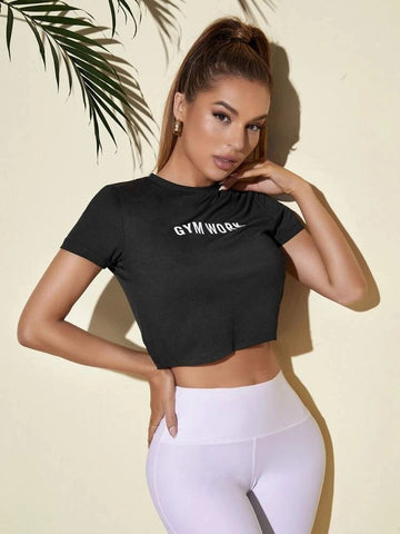 Teen Solid Black Letters Fitted Crop Top