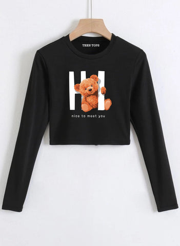 Teen Black Cotton Graphic Crop Top