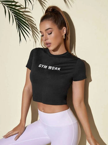 Teen Solid Black Letters Fitted Crop Top