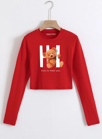Teen Red Cotton Graphic Crop Top