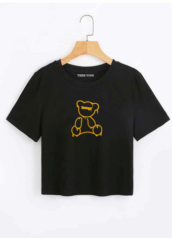 Teen Black Cotton Graphic Crop Top