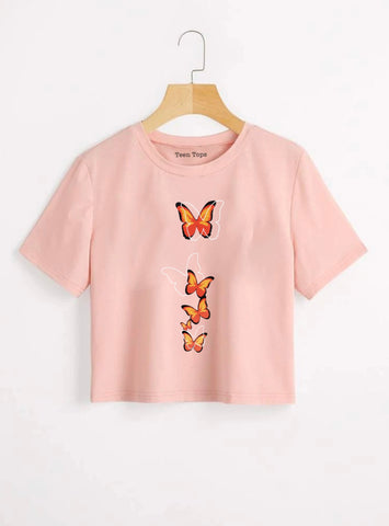 Teen Coral Pink Cotton Butterflies Crop Top