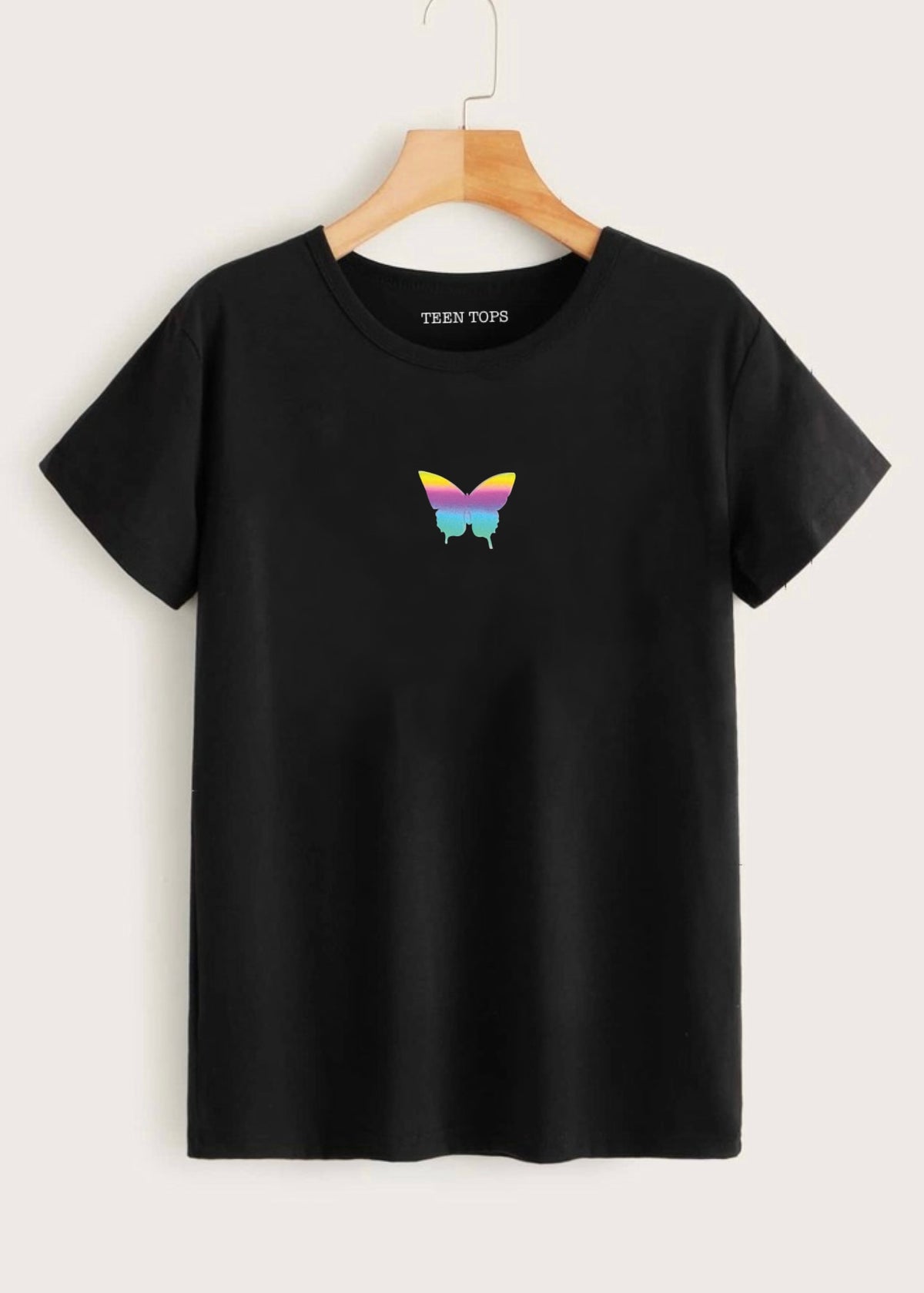 Teen Black Cotton Rainbow Reflecting Butterfly T-shirt