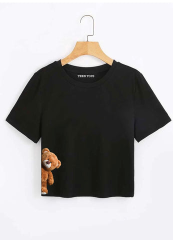 Teen Black Cotton Graphic Crop Top