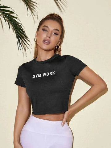 Teen Solid Black Letters Fitted Crop Top