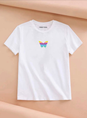 Teen White Cotton Rainbow Reflecting Butterfly T-shirt