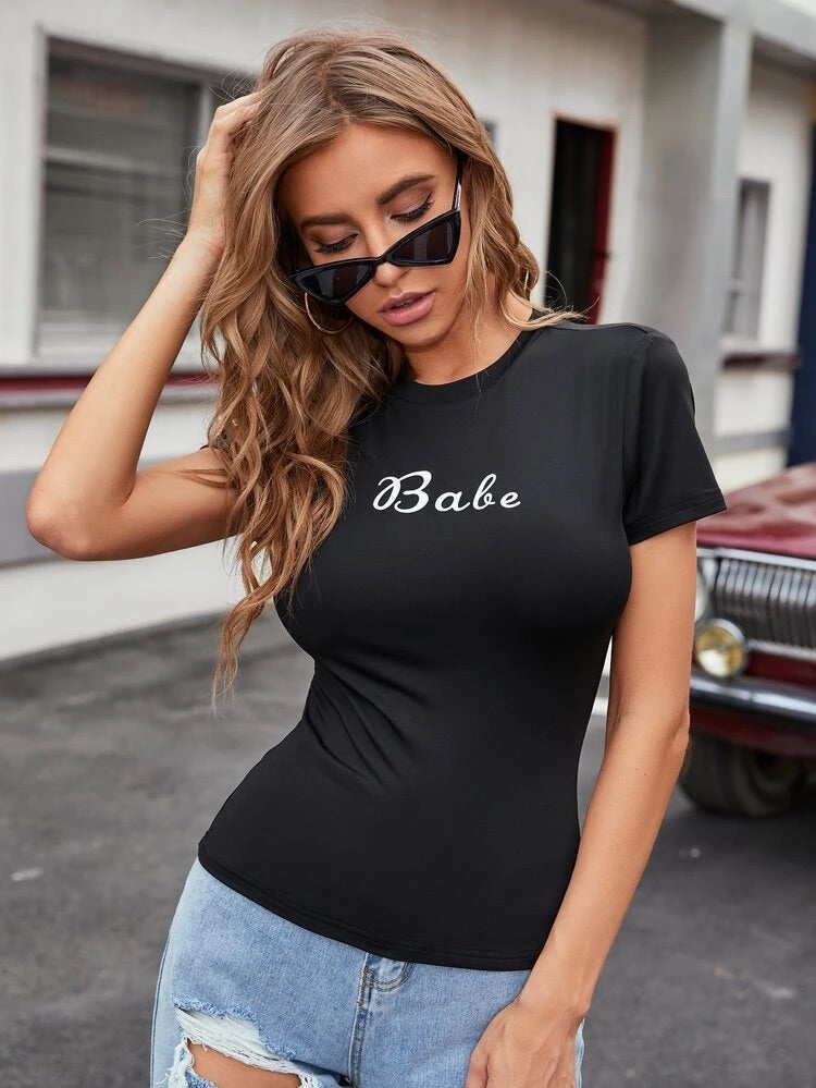 Teen Solid Black Cotton Fitted Babe Tee