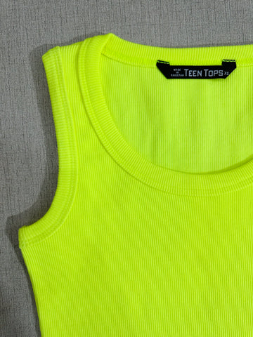 Teen Solid Neon Scoop Neck Rib Fitted Tank Top