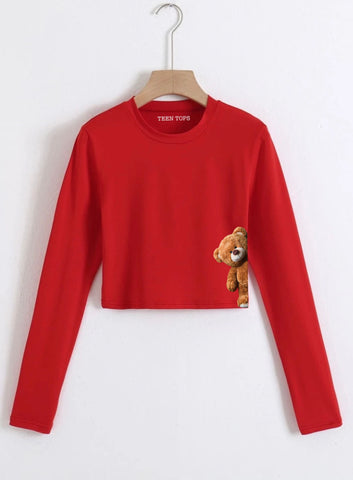 Teen Red Cotton Graphic Crop Top