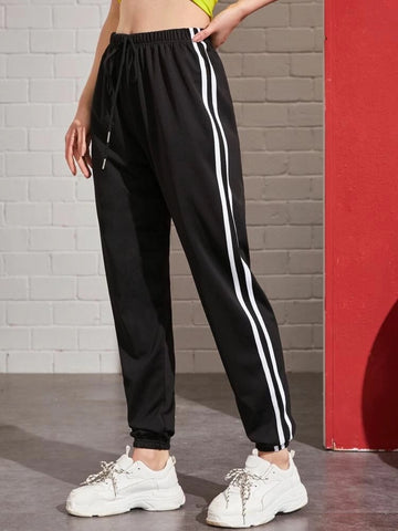 Teen Solid Black Stripped Cotton Sweatpant