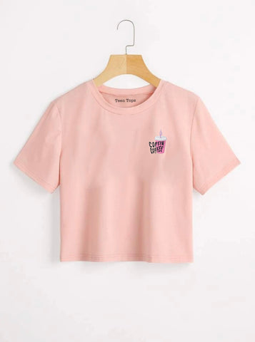 Teen Coral Pink Cotton Graphic Crop Top