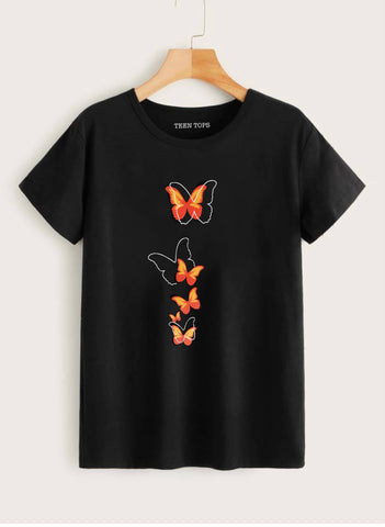 Teen Black Cotton Butterflies T-shirt