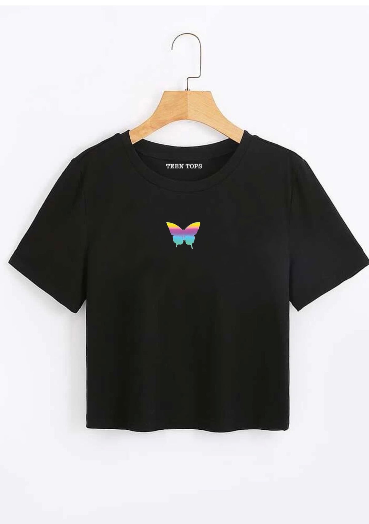Teen Black Cotton Rainbow Reflecting Butterfly Crop Top