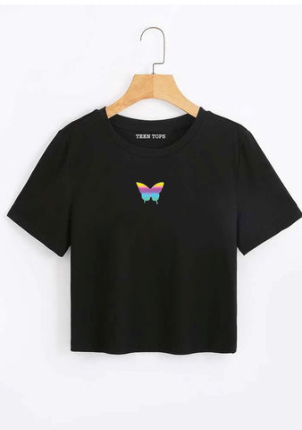 Teen Black Cotton Rainbow Reflecting Butterfly Crop Top