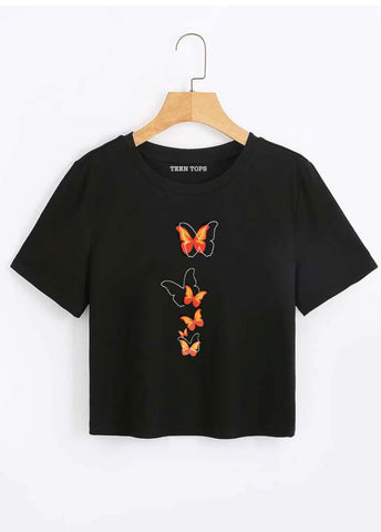 Teen Black Cotton Graphic Crop Top