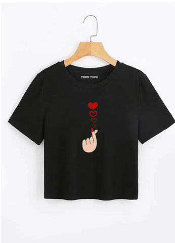 Teen Black Cotton Graphic Crop Top